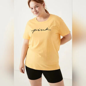Victoria's Secret PINK Everyday T-shirt Yellow Black Spellout Flawed